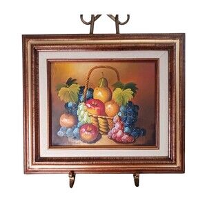 Vtg Remstedt Still Life Oil Painting Pear Apple Grapes Basket Fruit Framed 13X15